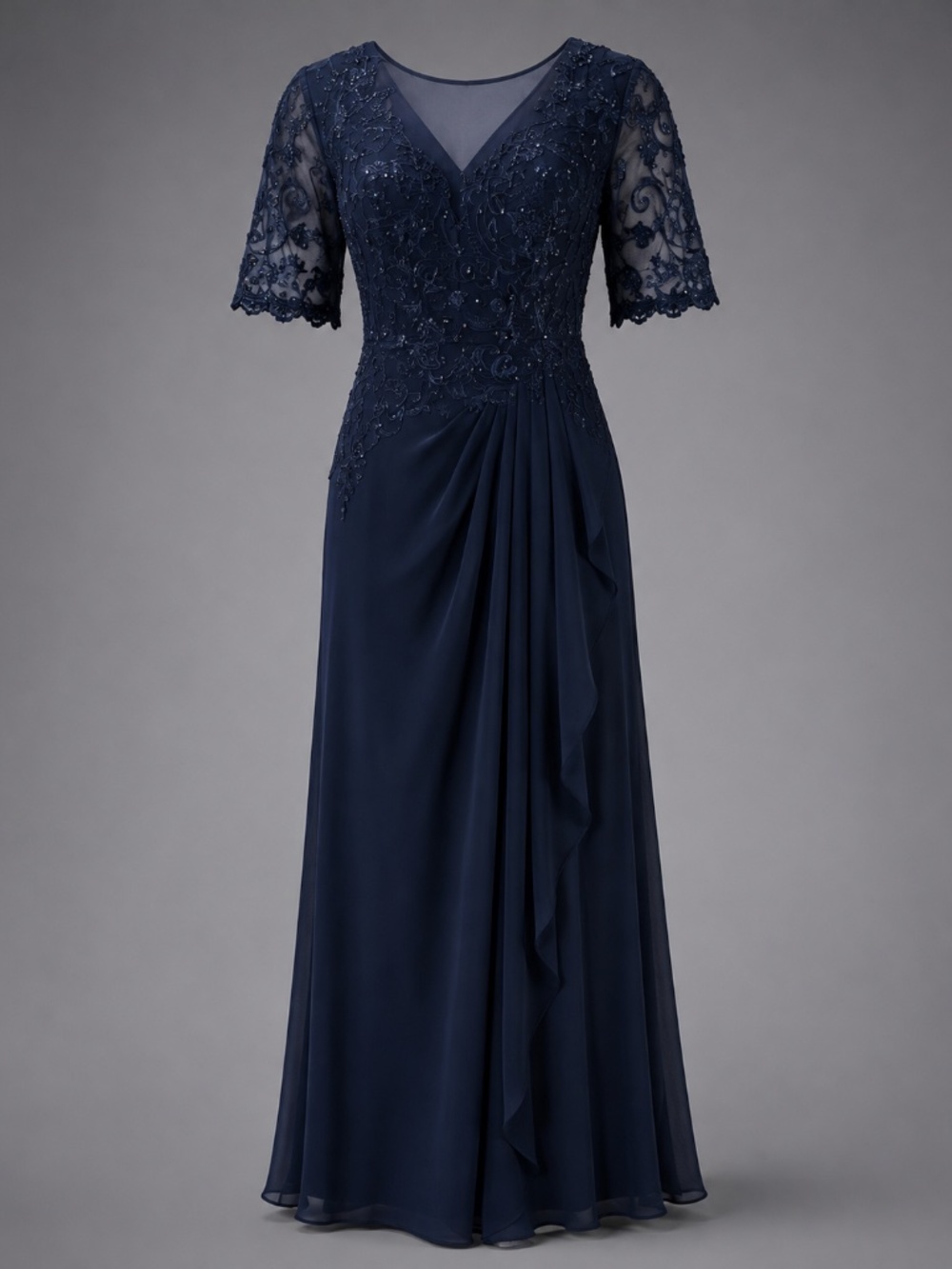 JJs House Navy Beaded Lace V-Neck Long Sleeve Evening Gown